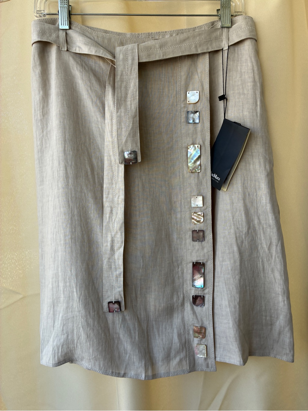 Nwt 'S Max Mara Linen Wrap Skirt Abalone Button Detail, Belted, Size 8